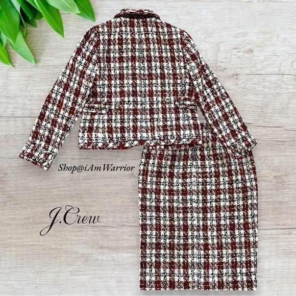 J.Crew 2 PC crimson plaid tweed jacket + matching midi skirt - Picture 7 of 15